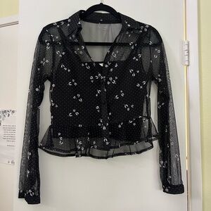 Jack Wills Copthorne Black Flocked Sheer Ruffle Blouse